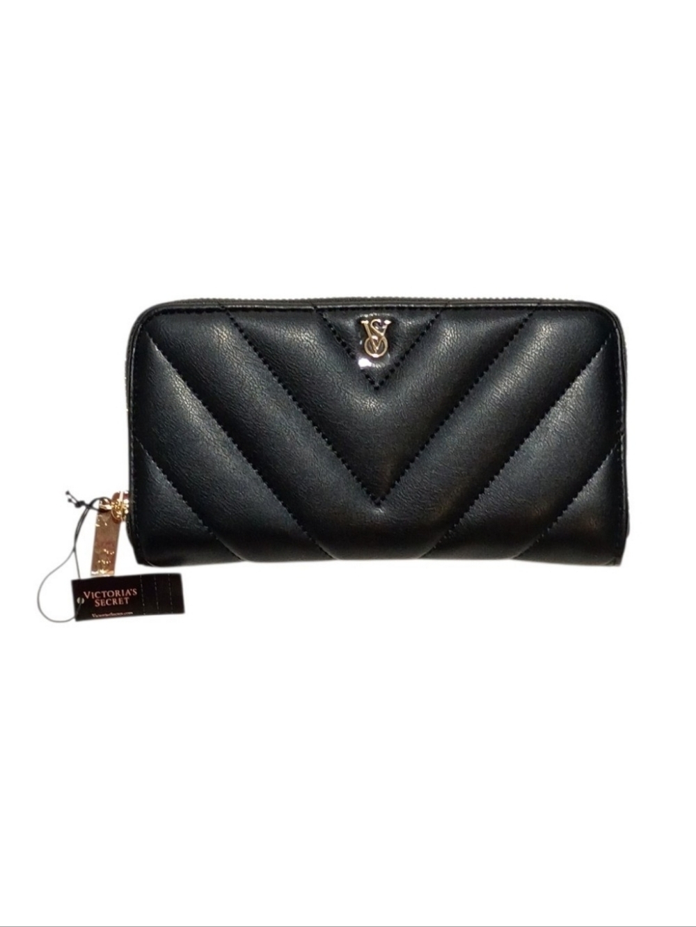 Victoria's Secret Black V-Quilt Zip Wallet Gold Tone Signature VS Hardware NEW